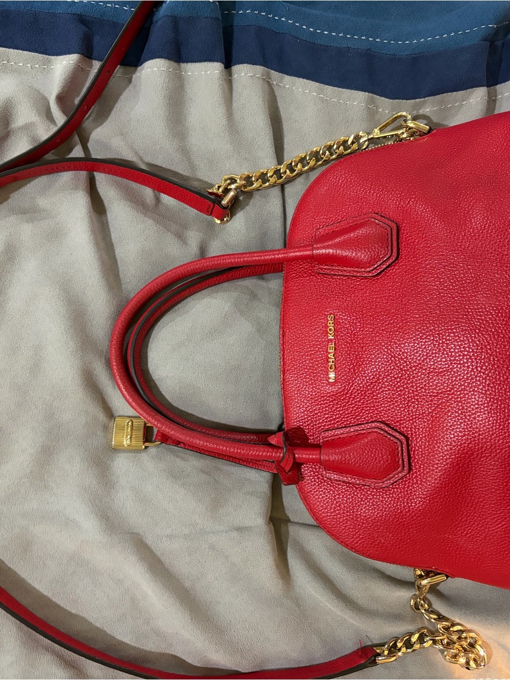 MICHAEL KORS Red Leather Satchel with Gold-Tone Chain Accents